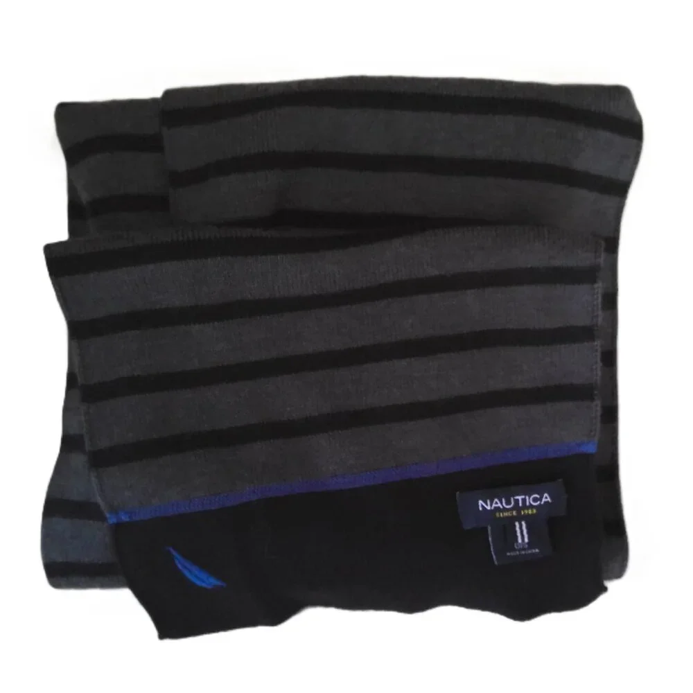 New Nautica Men's Scarf Gray & Black Striped Knit Blue Logo Long Soft & Warm